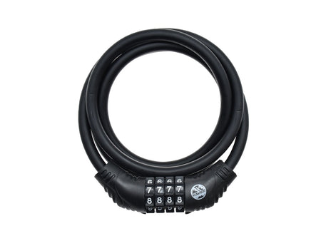 The Six Peaks Cycling Cable Lock by Six Peaks is a black, coiled lock with a 4-digit combo display set to 7-7-7-7, offering reliable security for your bike.