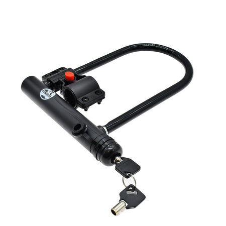 The Six Peaks Cycling D-Lock by Six Peaks is a black bike lock with a cylindrical locking mechanism, comes with a mounting bracket featuring a red button, and includes two keys for enhanced security.
