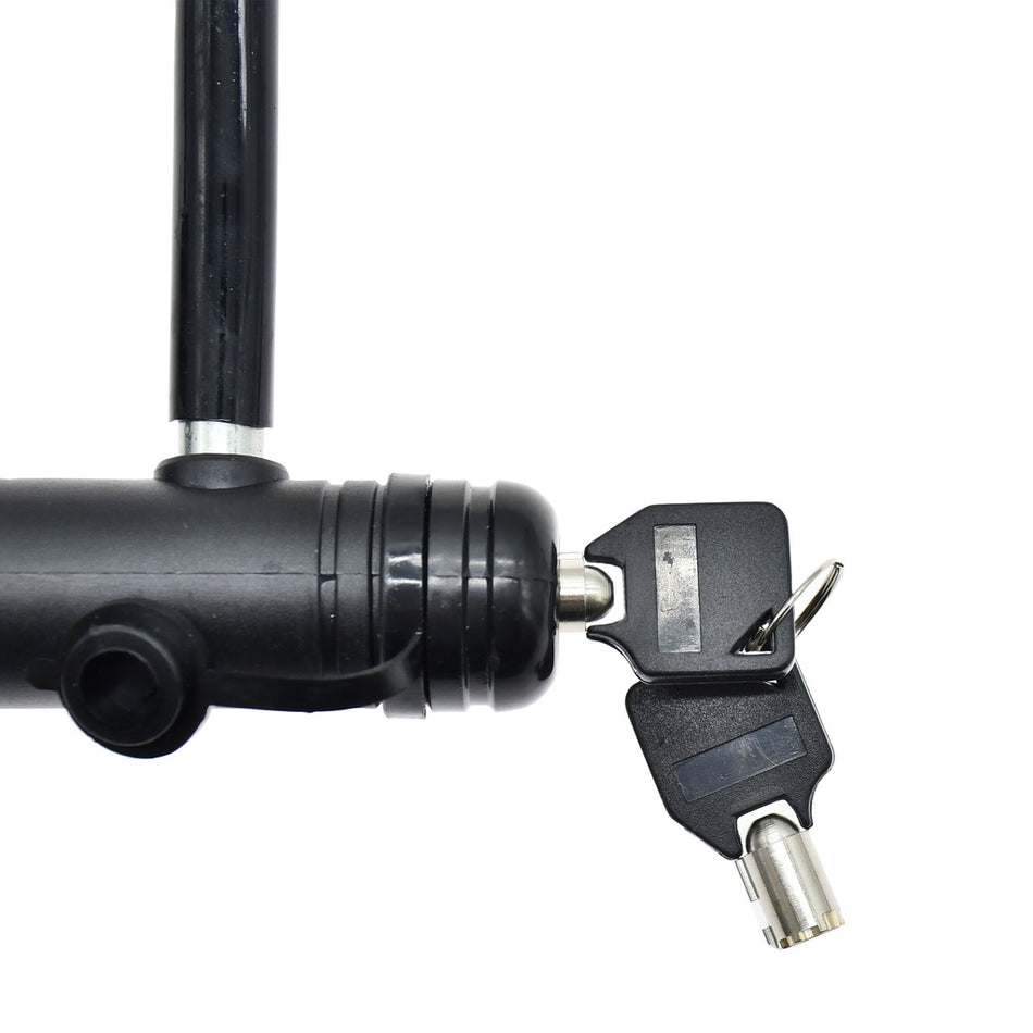 Close-up of the Six Peaks Cycling D-Lock by Six Peaks, shown in black with two keys inserted in the lock mechanism—a popular choice for bike security.