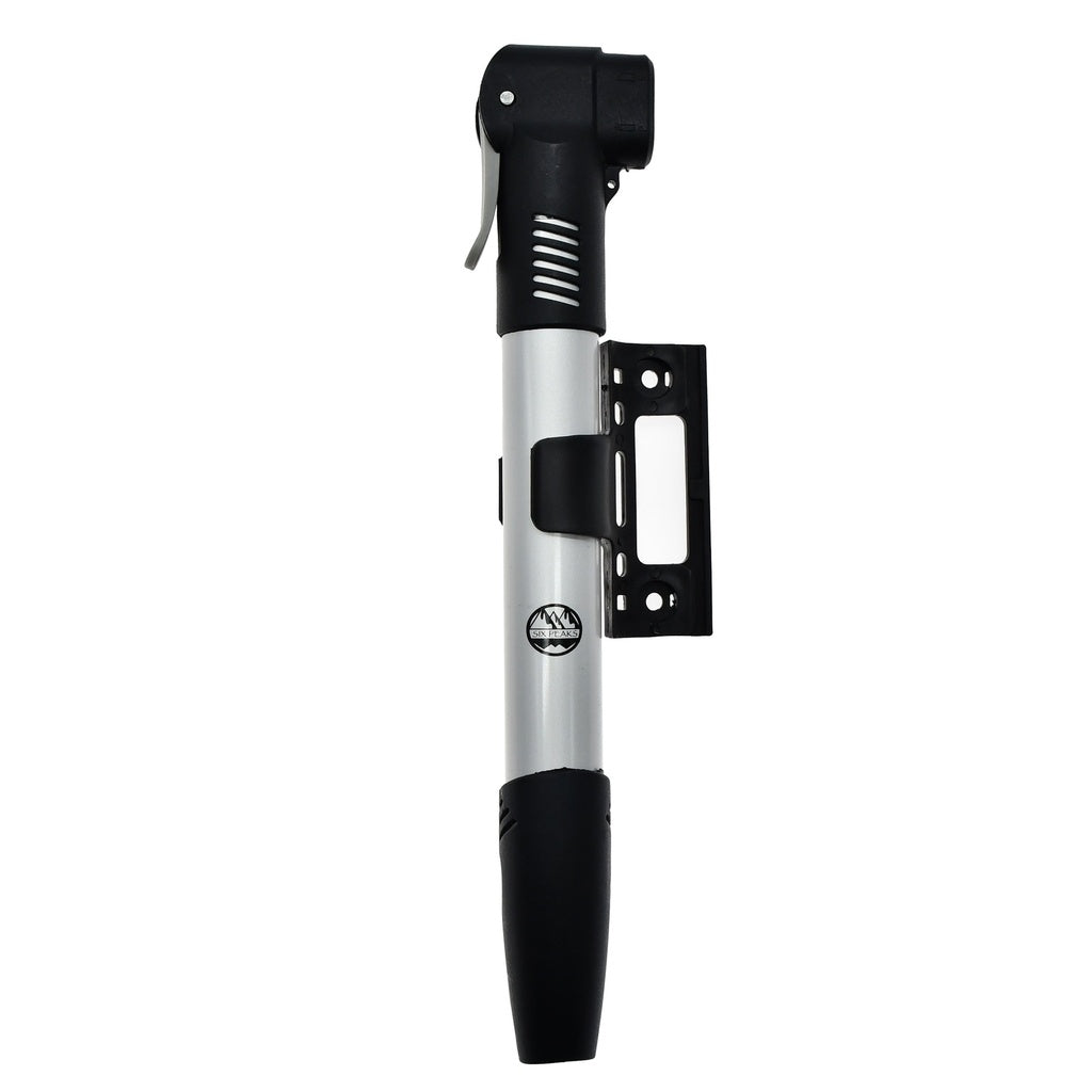 The Six Peaks Cycling Mini Hand Pump by Six Peaks features a black handle and nozzle, silver middle section, and black side mounting bracket—perfect as a compact, portable bike pump for quick tire inflation on the go.