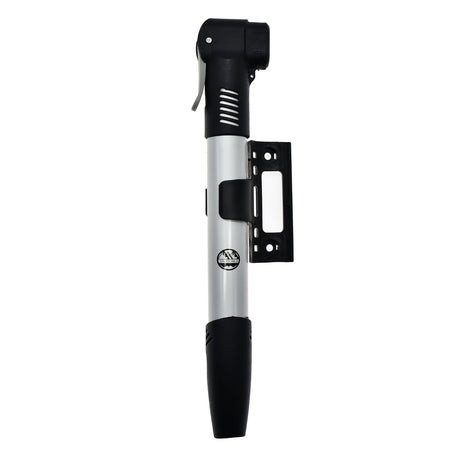 The Six Peaks Cycling Mini Hand Pump by Six Peaks features a black handle and nozzle, silver middle section, and black side mounting bracket—perfect as a compact, portable bike pump for quick tire inflation on the go.
