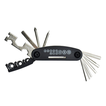 The Six Peaks Cycling Multi Repair Tool by Six Peaks is a black and silver fan-shaped device with fold-out wrenches, screwdrivers, hex keys, and spoke wrenches; its handle displays icons and numbers for easy bike maintenance.