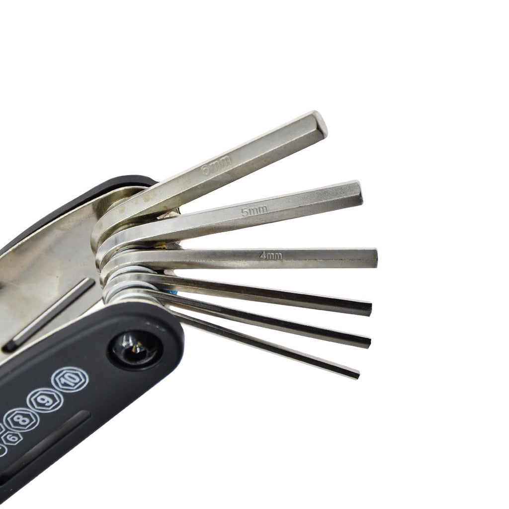 A close-up of the Six Peaks Cycling Multi Repair Tool by Six Peaks, a foldable hex key set with various millimeter-sized keys extended—an essential tool for bicycle maintenance.