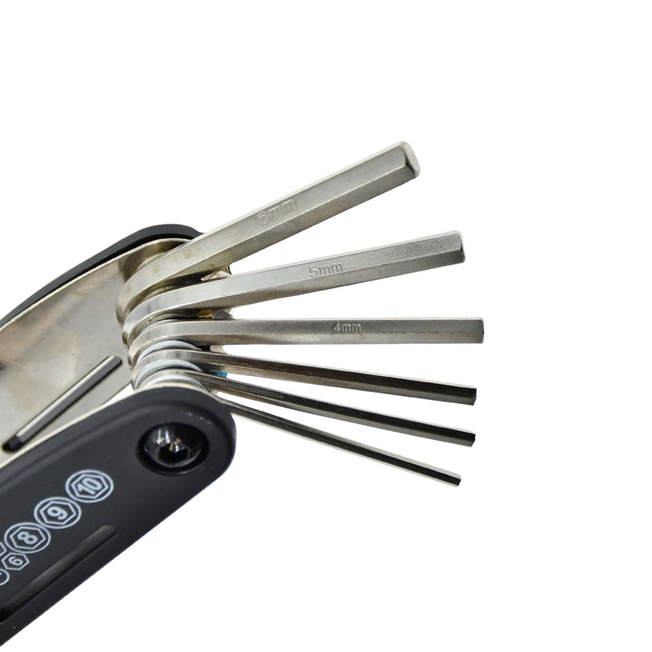 A close-up of the Six Peaks Cycling Multi Repair Tool by Six Peaks, a foldable hex key set with various millimeter-sized keys extended—an essential tool for bicycle maintenance.
