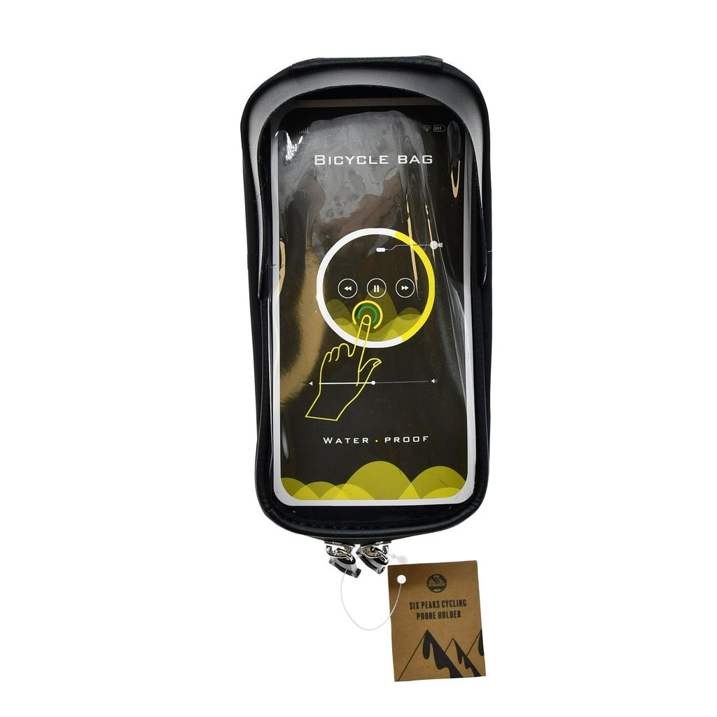 The Six Peaks Cycling Phone Holder by Six Peaks is a black bicycle bag with a transparent, touch-sensitive front displaying “Bicycle Bag” and “Waterproof.” It’s ideal for smartphones and features a mountain-tagged zipper at the bottom.