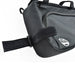 Close-up of the Six Peaks Cycling Triangle Frame Bag in black, featuring a zippered pocket, Velcro strap, and a small shield-shaped logo patch—the ideal bike storage bag for organizing your cycling gear.