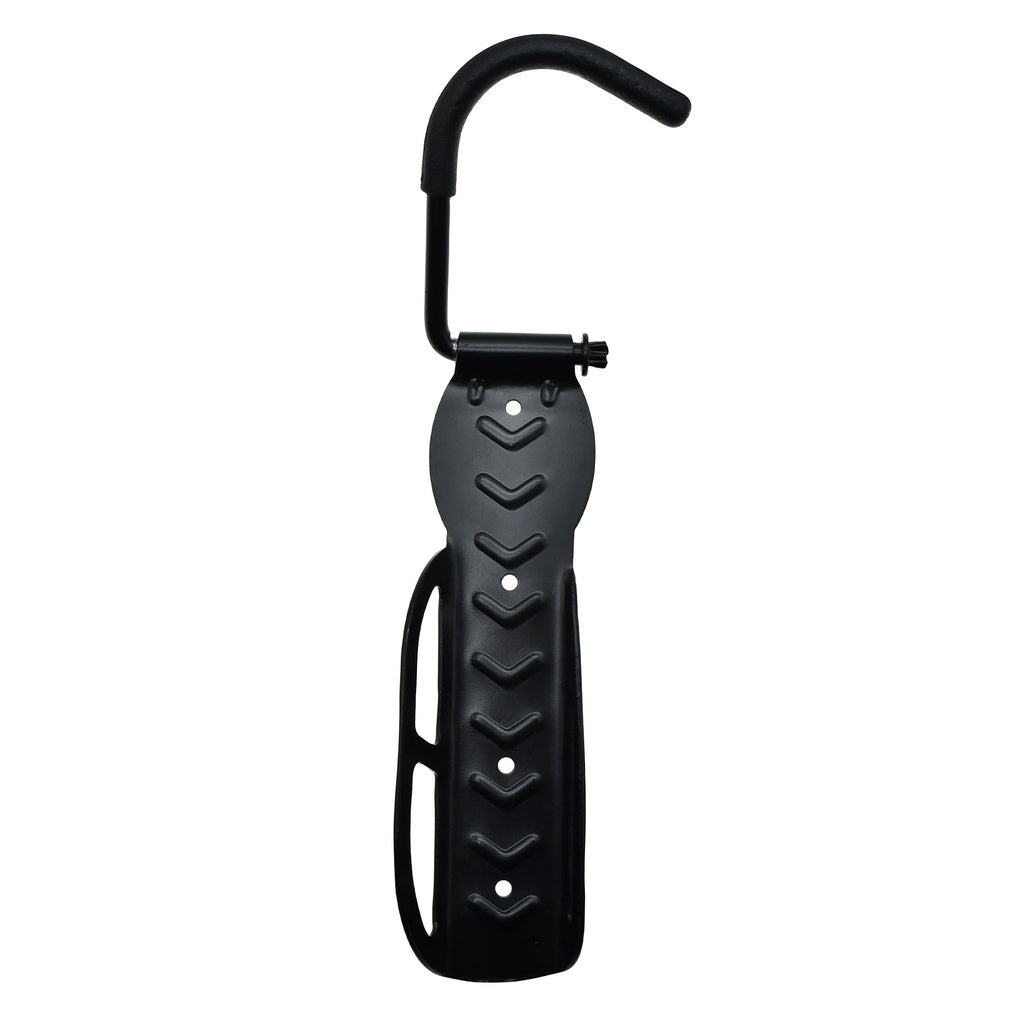 The Six Peaks Cycling Wall-Mounted Bike Hanger by Six Peaks features a black metal build with a curved top hook and a long, textured base to securely hold your bike vertically—a sleek storage solution for any space.