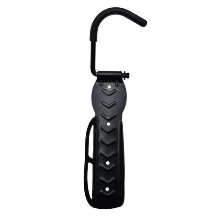 The Six Peaks Cycling Wall-Mounted Bike Hanger by Six Peaks features a black metal build with a curved top hook and a long, textured base to securely hold your bike vertically—a sleek storage solution for any space.