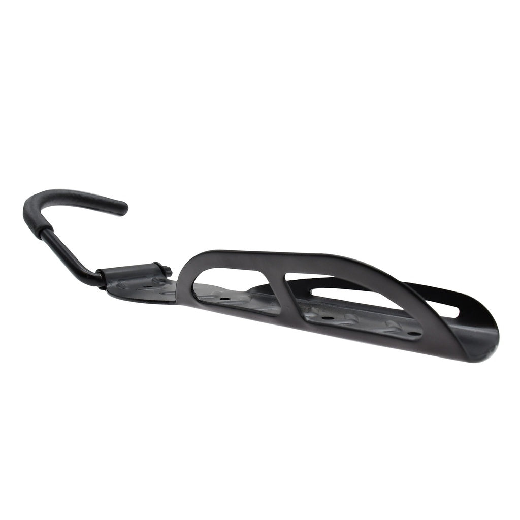 The Six Peaks Cycling Wall-Mounted Bike Hanger by Six Peaks features a black metal design with a curved hook and cut-out plate, offering secure bike storage on any wall.