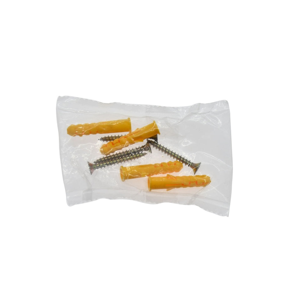 A small clear plastic bag with four yellow wall plugs and four metal screws, ideal for mounting the Six Peaks Cycling Wall-Mounted Bike Hanger by Six Peaks, is shown on a white background.