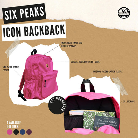 The Six Peaks Icon 30 Liter Backpack in pink is shown with labeled features such as a side water bottle pocket, padded straps, an internal padded laptop sleeve, and 30L capacity. Three additional color options appear at the bottom.