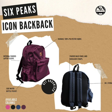 A promo image for the Six Peaks Icon 30 Liter Backpack by Six Peaks displays the maroon bag front and back, featuring a padded laptop sleeve, side water bottle pocket, padded straps, and three color options.