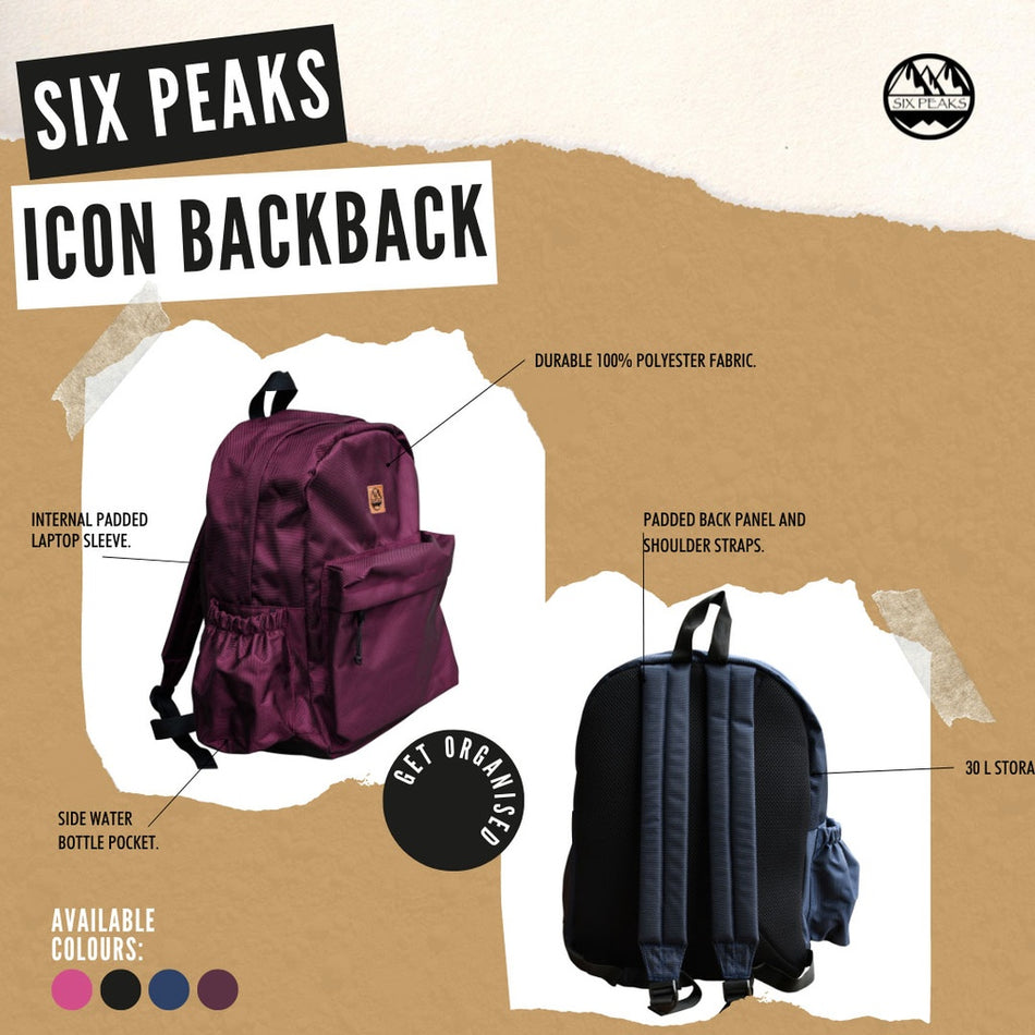 A promo image for the Six Peaks Icon 30 Liter Backpack by Six Peaks displays the maroon bag front and back, featuring a padded laptop sleeve, side water bottle pocket, padded straps, and three color options.