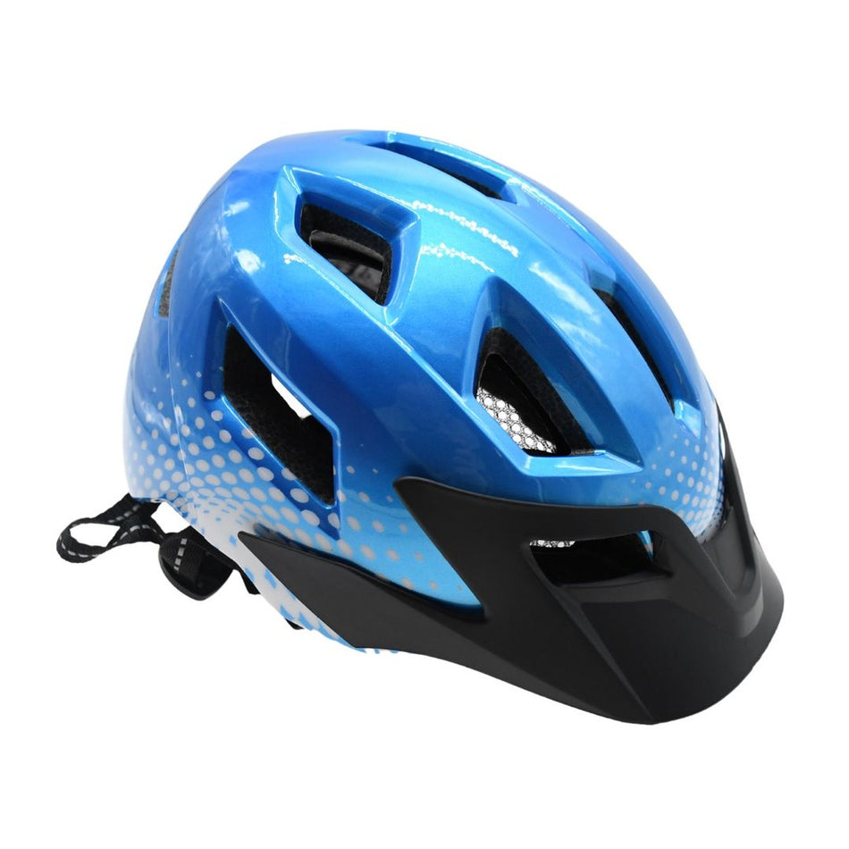 The Six Peaks Junior Cycling Helmet by Six Peaks, in light blue with black and white accents, features multiple ventilation holes and an adjustable strap, displayed on a white background.
