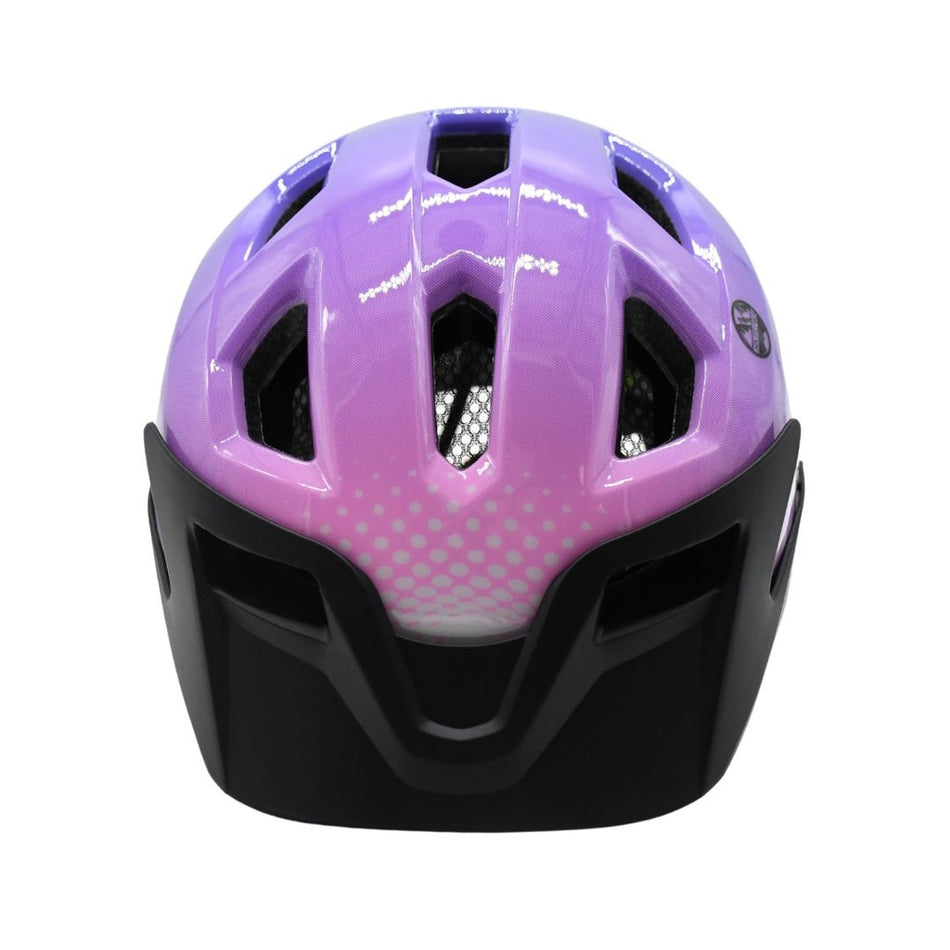 The Six Peaks Junior Cycling Helmet by Six Peaks features a light purple gradient design with white dots, black vent openings, and a black lower section.