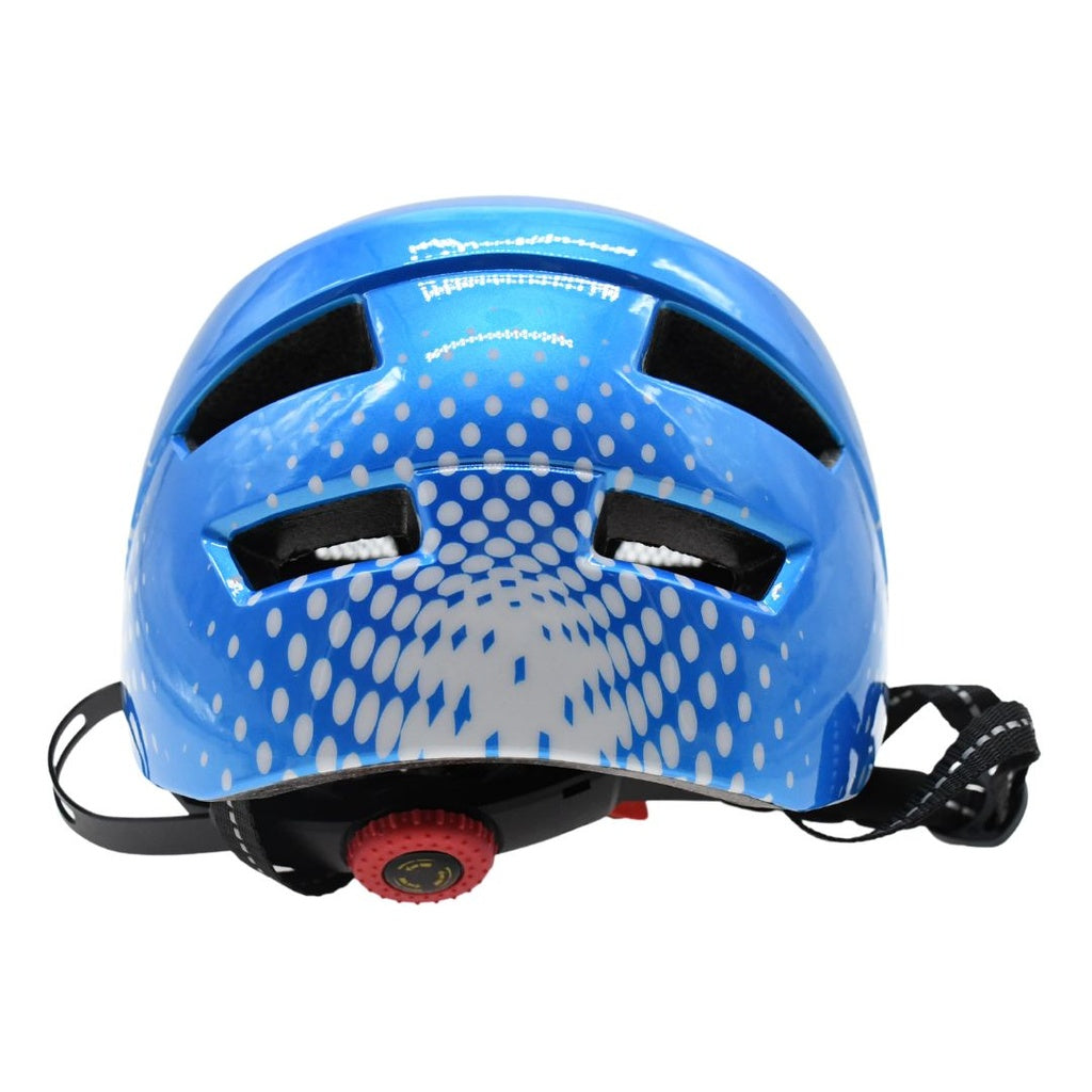 The Six Peaks Junior Cycling Helmet by Six Peaks is blue with white dots, black ventilation holes, and an adjustable strap featuring a red dial at the back.