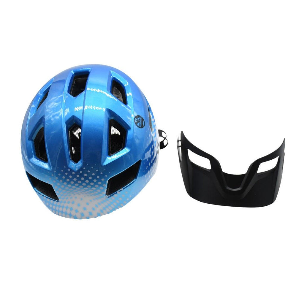 The Six Peaks Junior Cycling Helmet, blue with white dotted accents and multiple vents, is displayed next to a detachable black face shield on a white background.