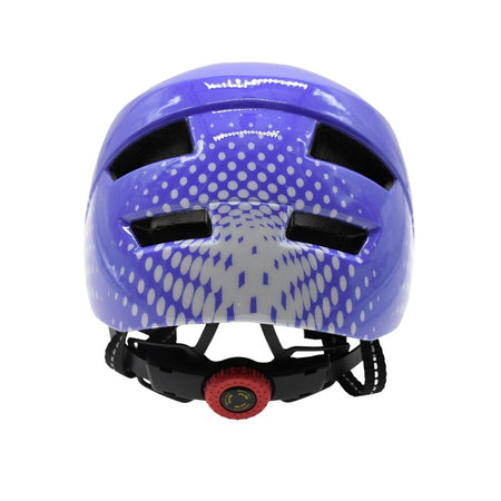 The Six Peaks Junior Cycling Helmet by Six Peaks is shown from the rear in purple with white dots, black ventilation holes, and an adjustable black strap featuring a red dial at the back.