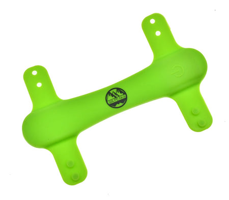 The Six Peaks LED Dog Collar Light is a bright green, bone-shaped plastic accessory with four flat ends (each with two holes) and a black mountains logo—ideal for high visibility on your pet’s collar.