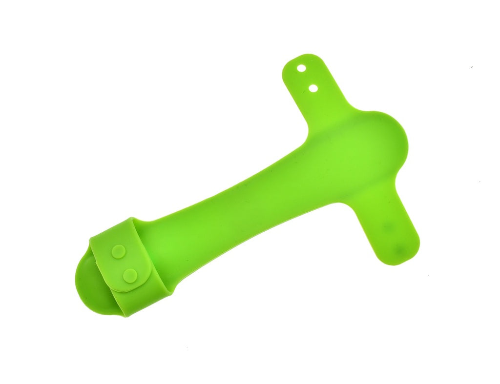 A vibrant green Six Peaks LED Dog Collar Light by Six Peaks, featuring a wide, flat body, two side tabs, and a rounded end with a buttoned strap for secure fit, is displayed on a white background.