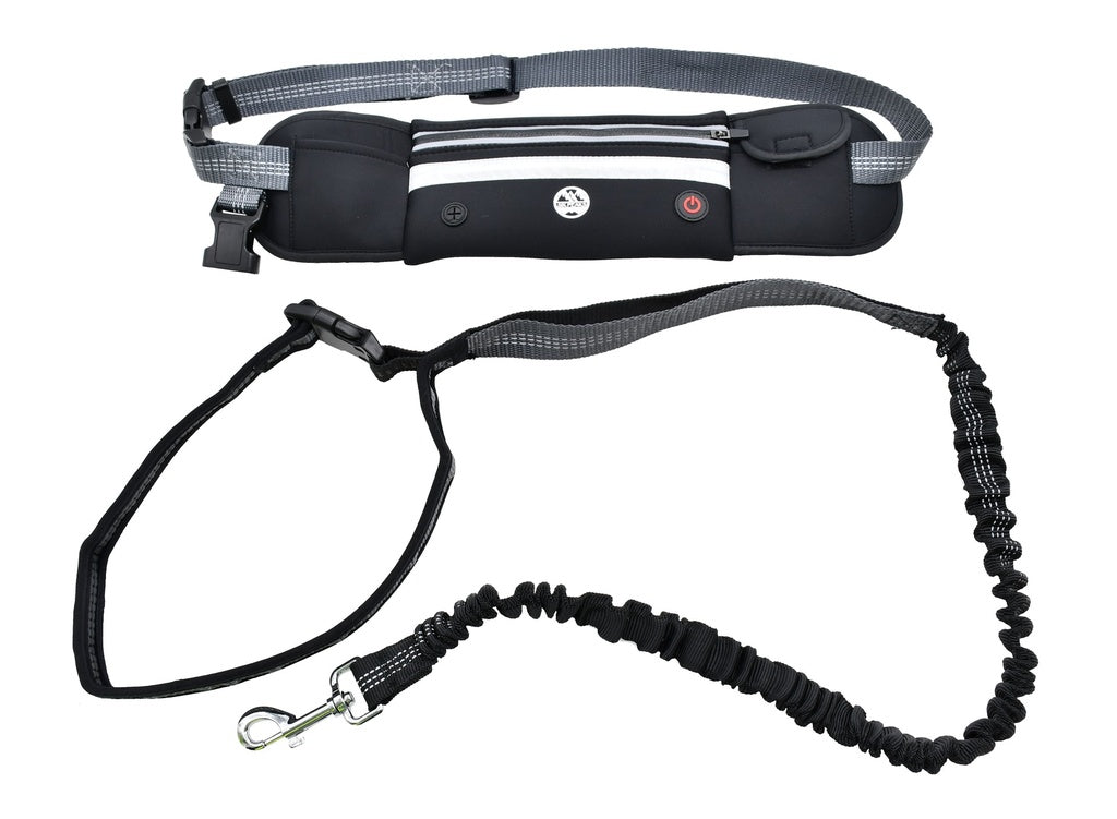 The Six Peaks LED Dog Lead Running Belt is a black and gray hands-free leash with a padded waist belt, reflective stripes, zipper pocket, elastic bungee leash, and metal clip—ideal for active dog owners.
