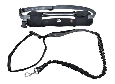 The Six Peaks LED Dog Lead Running Belt is a black and gray hands-free leash with a padded waist belt, reflective stripes, zipper pocket, elastic bungee leash, and metal clip—ideal for active dog owners.