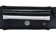 Close-up of the Six Peaks LED Dog Lead Running Belt—features a black waist pouch with zippered pocket, reflective stripe, LED night light, two buttons (including a red power button), and Six Peaks logo. Ideal for hands-free dog walks or runs.