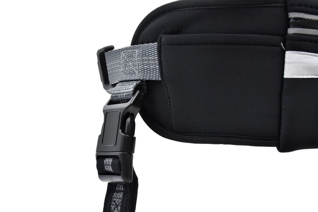 Close-up of a black adjustable strap with a plastic side-release buckle on the Six Peaks LED Dog Lead Running Belt by Six Peaks.