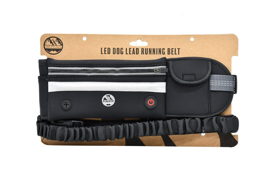 The Six Peaks LED Dog Lead Running Belt features zippered pockets, a reflective strip, and elastic. Hands-free and displayed on branded Six Peaks packaging, it’s ideal for safe dog walking or running in low-light conditions.