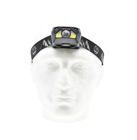 A white mannequin head models the Six Peaks LED Head torch with Motion Sensor, featuring yellow accents on a black elastic band with mountain designs. The hands-free, rechargeable headlamp by Six Peaks is centered on the forehead.