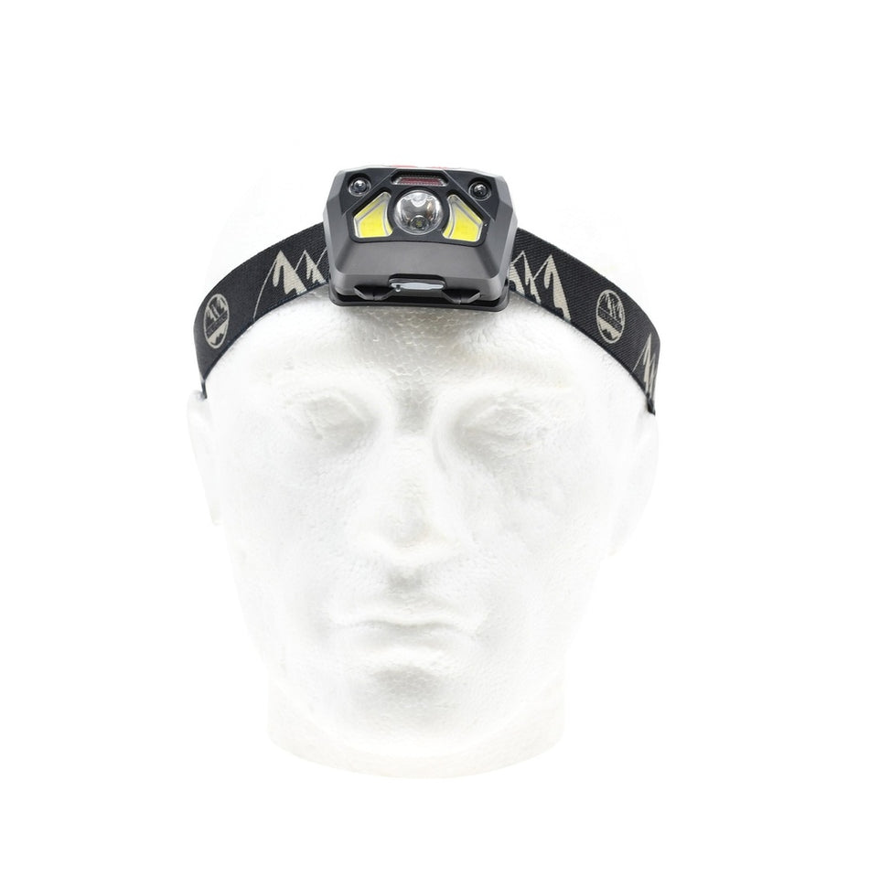 A white mannequin head models the Six Peaks LED Head torch with Motion Sensor, featuring yellow accents on a black elastic band with mountain designs. The hands-free, rechargeable headlamp by Six Peaks is centered on the forehead.