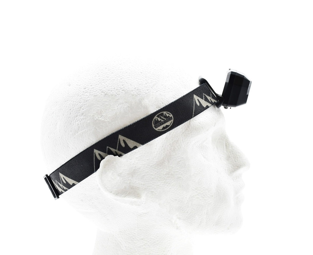A white mannequin head wears a Six Peaks LED Head torch with Motion Sensor, featuring a black strap with white mountain patterns, shown from the right side on a white background. Brand: Six Peaks.