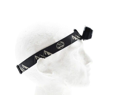 A white mannequin head wears a Six Peaks LED Head torch with Motion Sensor, featuring a black strap with white mountain patterns, shown from the right side on a white background. Brand: Six Peaks.