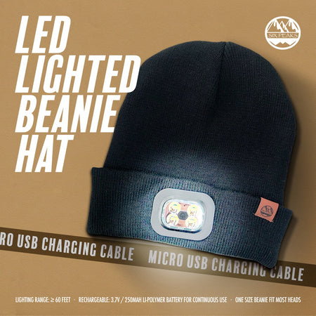 The Six Peaks LED Lighted Beanie Hat by Six Peaks is shown on a tan background, featuring a rechargeable headlamp, included micro USB charging cable, long-lasting battery, and one-size-fits-most fit.