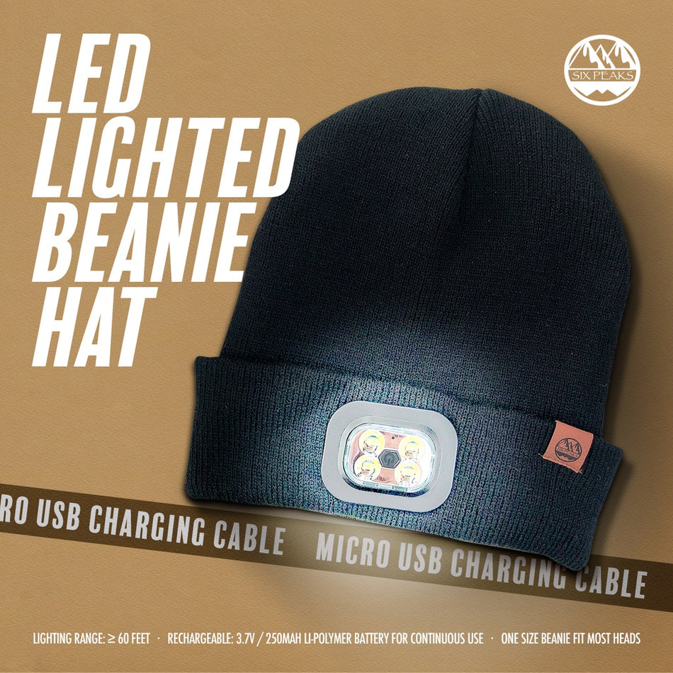 The Six Peaks LED Lighted Beanie Hat by Six Peaks is shown on a tan background, featuring a rechargeable headlamp, included micro USB charging cable, long-lasting battery, and one-size-fits-most fit.