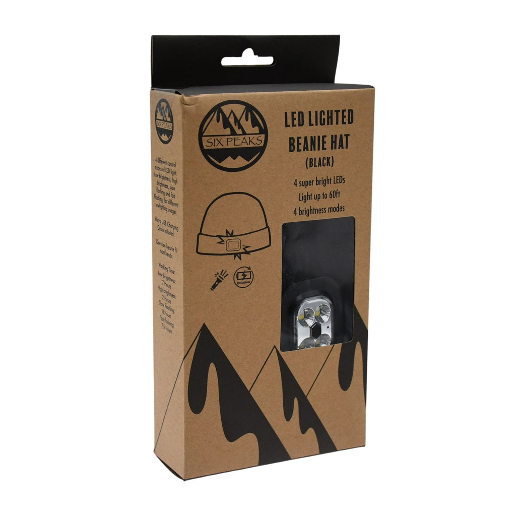 A brown box for the Six Peaks LED Lighted Beanie Hat by Six Peaks in black, showing mountain and beanie illustrations. A window reveals the rechargeable hat with four bright LEDs and adjustable hands-free torch brightness.