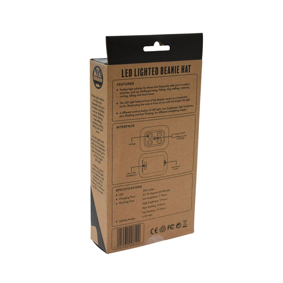 Six Peaks LED Lighted Beanie Hat brown cardboard packaging stands upright at an angle, displaying features, interface diagram, and specifications printed in black text on the back. Brand: Six Peaks.