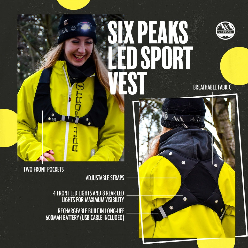 A woman outdoors wears a yellow jacket and the Six Peaks LED Sport Vest by Six Peaks. An inset highlights the vest’s hi-vis reflective design, adjustable straps, two front pockets, LED lights, rechargeable battery, and breathable fabric.