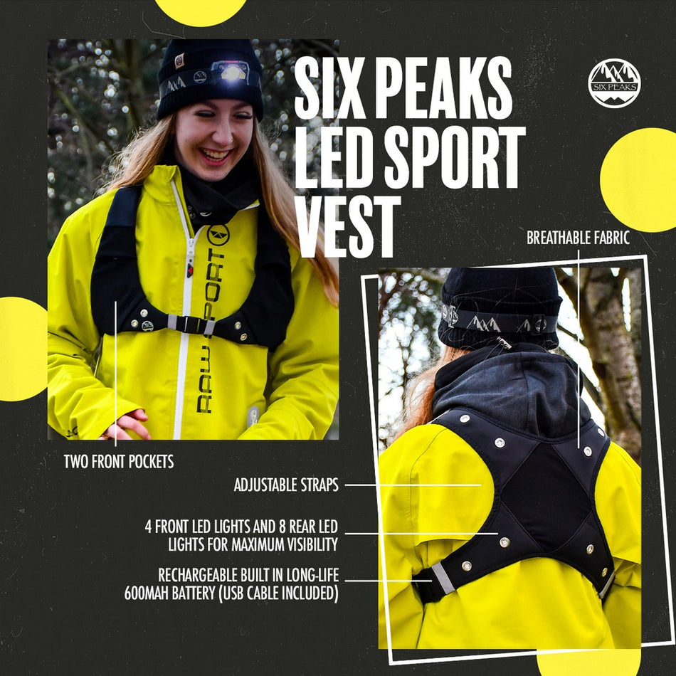 A woman outdoors wears a yellow jacket and the Six Peaks LED Sport Vest by Six Peaks. An inset highlights the vest’s hi-vis reflective design, adjustable straps, two front pockets, LED lights, rechargeable battery, and breathable fabric.