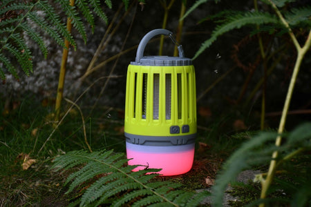 The Six Peaks Multi-function Bug Zapper Lantern by Six Peaks, featuring a green and gray design with a glowing pink base, rests on mossy ground amidst ferns outdoors—providing convenient illumination and functioning as a rechargeable bug zapper lantern for any adventure.