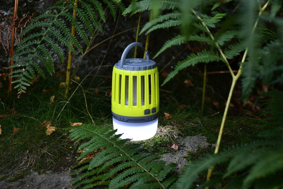 A Six Peaks Multi-function Bug Zapper Lantern in green and gray sits on the ground, glowing brightly among ferns and moss in an outdoor forest setting.