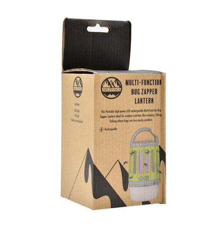 A brown box labeled Six Peaks Multi-function Bug Zapper Lantern displays an image of the lantern along with mountain graphics. The packaging showcases key features, including its portability as a Portable LED Lantern, advanced LED technology, and its functionality as a Rechargeable Bug Zapper from the brand Six Peaks.