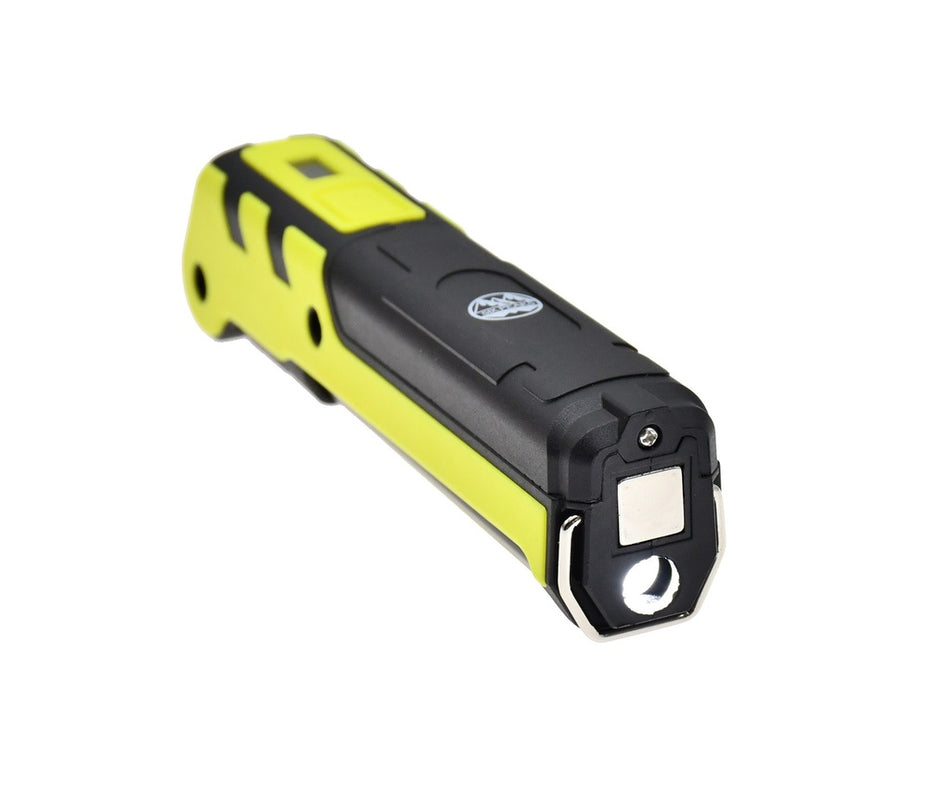 The Six Peaks Multi-function LED Work Light by Six Peaks features a yellow and black rectangular handheld design, shown at an angle with its front-facing lens and power button visible.