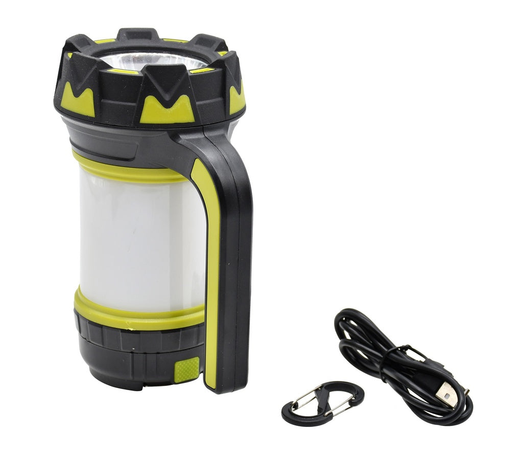 The Six Peaks Multi-function Torch Lantern by Six Peaks, in black and green with a side handle, is shown with a coiled USB charging cable and metal carabiner. This rechargeable LED lantern doubles as a torch for versatile use.