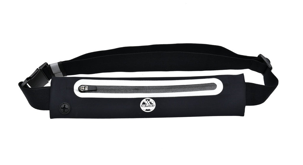 The Six Peaks Reflective Running Expandable Waist Belt is a black waterproof belt with an adjustable waistband, zippered pocket trimmed in white, round center logo, and a left-side headphone port.