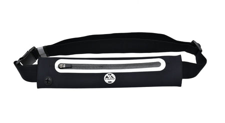 The Six Peaks Reflective Running Expandable Waist Belt is a black waterproof belt with an adjustable waistband, zippered pocket trimmed in white, round center logo, and a left-side headphone port.