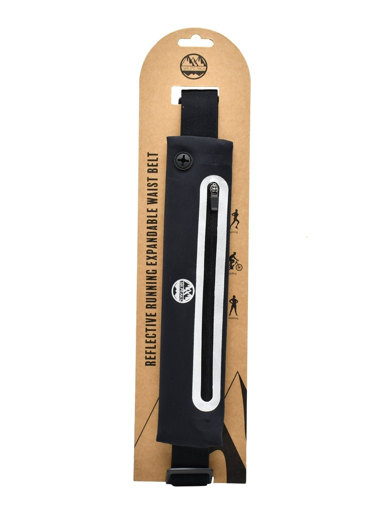 A black Six Peaks Reflective Running Expandable Waist Belt with zipper and expandable waistband, shown in brown packaging labeled with the product name and icons for running, cycling, and hiking.