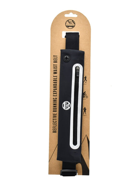 A black Six Peaks Reflective Running Expandable Waist Belt with zipper and expandable waistband, shown in brown packaging labeled with the product name and icons for running, cycling, and hiking.