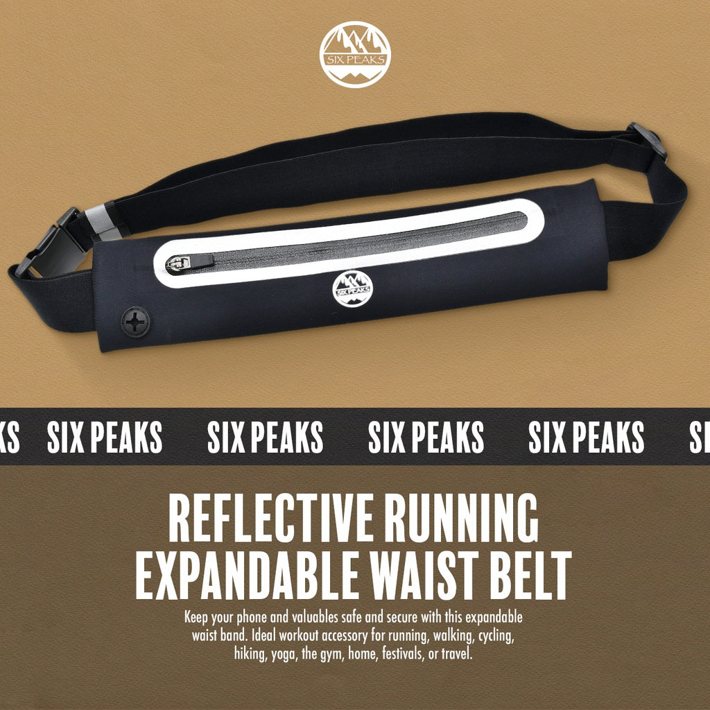 The Six Peaks Reflective Running Expandable Waist Belt is a black, waterproof belt with a reflective strip, zipper, and adjustable waistband. Displayed on a brown background, it's highlighted as a secure, versatile outdoor accessory by Six Peaks.