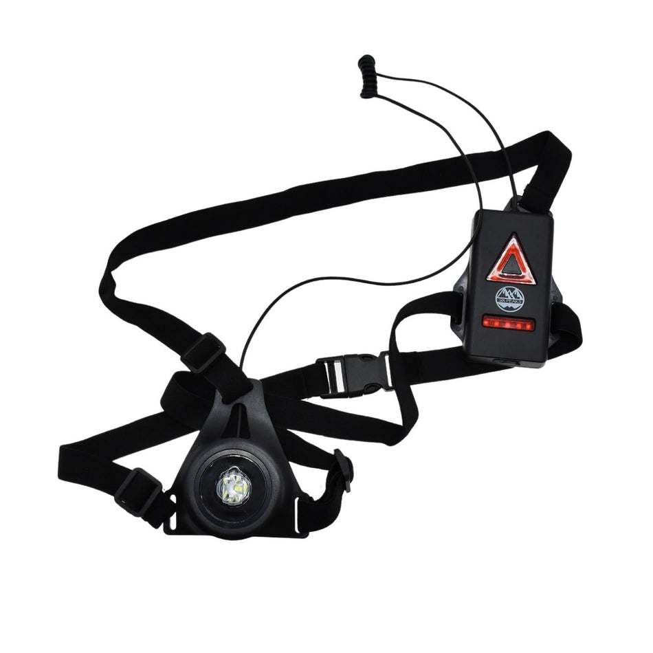 The Six Peaks Running LED Chest Lamp by Six Peaks is a black, adjustable harness for runners, featuring a round chest headlamp and a rectangular control box with LEDs and red triangle, all connected by wires for improved outdoor safety.